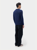 Men's Cashmere Silk Blend Polo-Neck Cardigan Navy worn by model, back view on white background