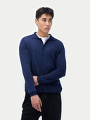 Men's Cashmere Silk Blend Polo-Neck Cardigan Navy worn by model, detail view on white background