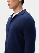 Men's Cashmere Silk Blend Polo-Neck Cardigan Navy worn by model, detail view on white background
