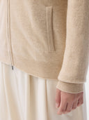 Cashmere Full-Zip Cardigan Beige worn by model, detail view, on white background