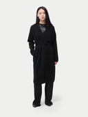Women's Long Maternity Cashmere Robe Black worn by model, front view on white background