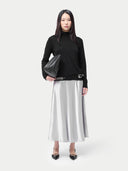 Essential Cashmere Mock Neck Sweater Black worn by model, front view, on white background