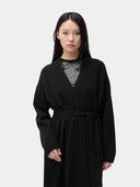 Women's Long Maternity Cashmere Robe Black worn by model, detail view on white background