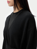 Women's Long Maternity Cashmere Robe Black worn by model, detail view on white background