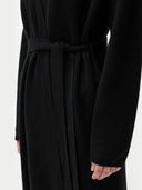 Women's Long Maternity Cashmere Robe Black worn by model, detail view on white background