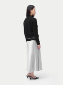 Essential Cashmere Mock Neck Sweater Black worn by model, back view, on white background