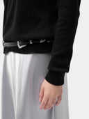 Essential Cashmere Mock Neck Sweater Black worn by model, detail view, on white background