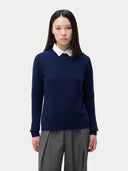 Cashmere Crewneck Sweater Navy worn by model, detail view, on white background
