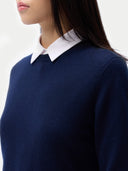 Cashmere Crewneck Sweater Navy worn by model, detail view, on white background