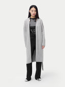Women's Long Maternity Cashmere Robe Grey worn by model, front view on white background