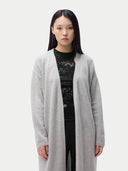 Women's Long Maternity Cashmere Robe Grey worn by model, detail view on white background