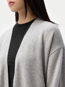 Women's Long Maternity Cashmere Robe Grey worn by model, detail view on white background