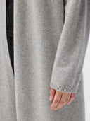 Women's Long Maternity Cashmere Robe Grey worn by model, detail view on white background