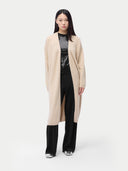 Women's Long Maternity Cashmere Robe Beige worn by model, front view on white background