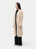 Women's Long Maternity Cashmere Robe Beige worn by model, side view on white background