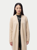 Women's Long Maternity Cashmere Robe Beige worn by model, detail view on white background