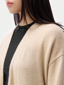 Women's Long Maternity Cashmere Robe Beige worn by model, detail view on white background