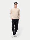 Men's Beige Cashmere Crewneck Sweater  woen by model front view on white background