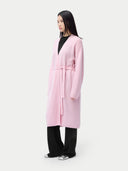 Women's Long Maternity Cashmere Robe Pink worn by model, side view on white background