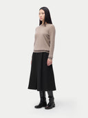 Cashmere Crewneck Sweater Taupe worn by model, side view, on white background