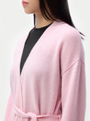 Women's Long Maternity Cashmere Robe Pink worn by model, detail view on white background