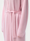 Women's Long Maternity Cashmere Robe Pink worn by model, detail view on white background