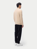 Men‚Äôs beige cashmere polo sweater worn by model, back view on white background #color_beige