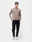 Men's Cashmere Half-Zip Sweater Taupe worn by model, front view, on white background