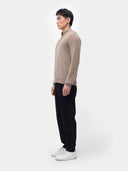 Men's Cashmere Half-Zip Sweater Taupe worn by model, side view, on white background