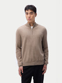Men's Cashmere Half-Zip Sweater Taupe worn by model, detail view, on white background