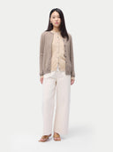 Cashmere Crew Neck Button Cardigan Taupe worn by model, front view, on white background