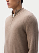 Men's Cashmere Half-Zip Sweater Taupe worn by model, detail view, on white background