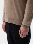 Men's Cashmere Half-Zip Sweater Taupe worn by model, detail view, on white background