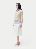 Cashmere V-Neck Sweater Warm Grey worn by model, side view, on white background