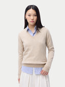 Cashmere V-Neck Sweater Warm Grey worn by model, detail view, on white background