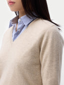 Cashmere V-Neck Sweater Warm Grey worn by model, detail view, on white background
