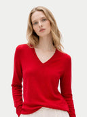 Timeless Cashmere V-Neck Sweater Chili Pepper worn by model, detail view, on white background