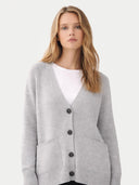 Women's Relaxed-Fit Cashmere Cardigan High Rise worn by model, detail view on white background