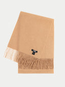 Cashmere Fringed Scarf Sheepskin  worn by model, detail view on white background