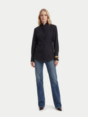 Women's Black Cashmere Stand-Collar Shirt  worn by model, front view on white background