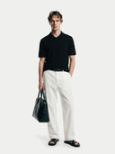 Men's Black Cashmere Silk Half-Zip Polo Top worn by model, front view on white background
