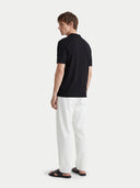 Men's Black Cashmere Silk Half-Zip Polo Top worn by model, back view on white background