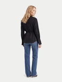 Women's Black Cashmere Stand-Collar Shirt  worn by model, back view on white background