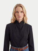 Women's Black Cashmere Stand-Collar Shirt  worn by model, detail view on white background