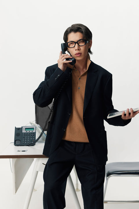 Men's single-breasted cashmere blazer, editorial photo