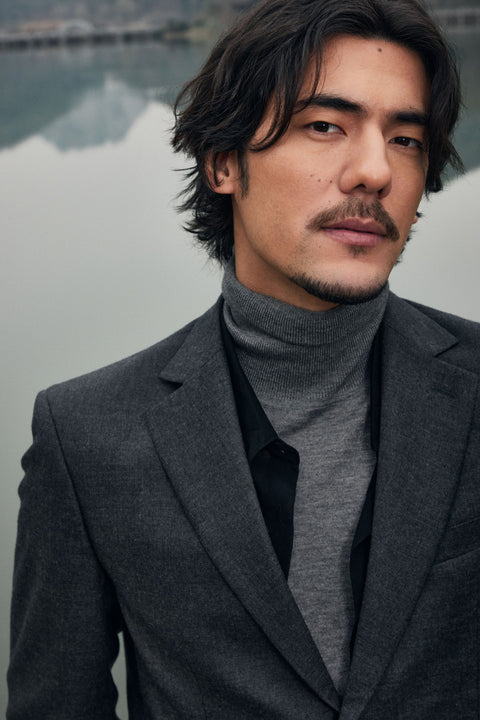 Men's single-breasted cashmere blazer, editorial photo