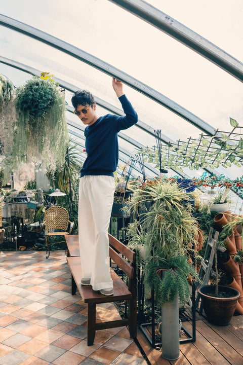 Timeless Natural Color Crewneck Cashmere Sweater, editorial photo