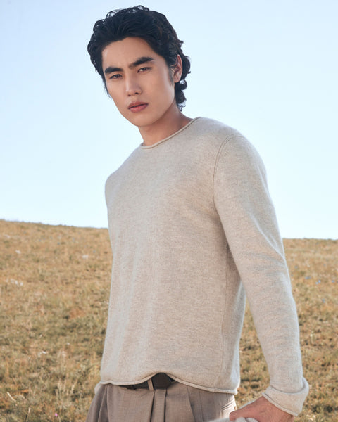 Cashmere Rolled-Edge Crewneck Sweater in Black, editorial photo