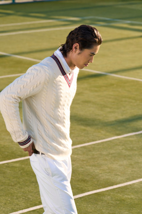 Cashmere Cable-Knit Cricket Sweater in Navy, editorial photo