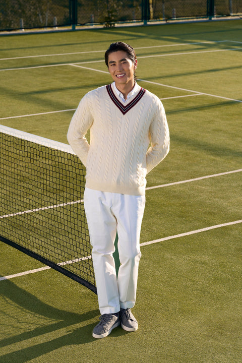 Cashmere Cable-Knit Cricket Sweater in Navy, editorial photo